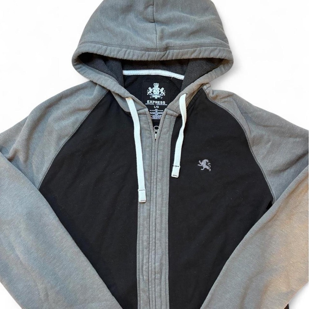 Express Mens Colorblock Raglan Zip Up Hoodie Grey Black Lion Logo L